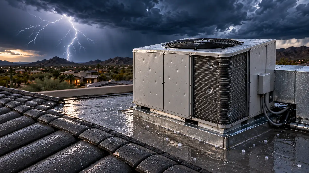 Rooftop AC unit and tile roof with hail damage after a storm